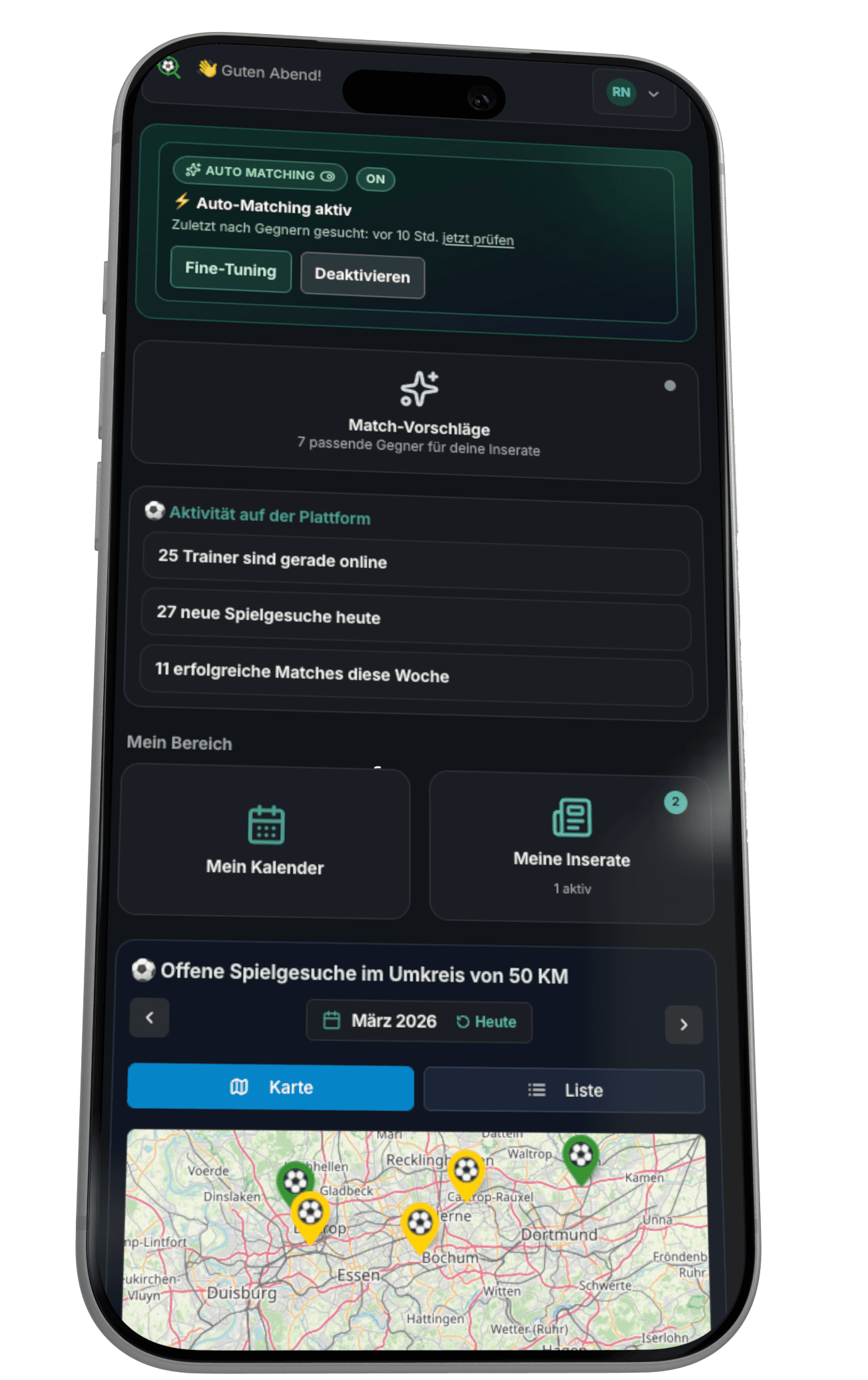 Mobile Kartenansicht mit Testspiel-Inseraten